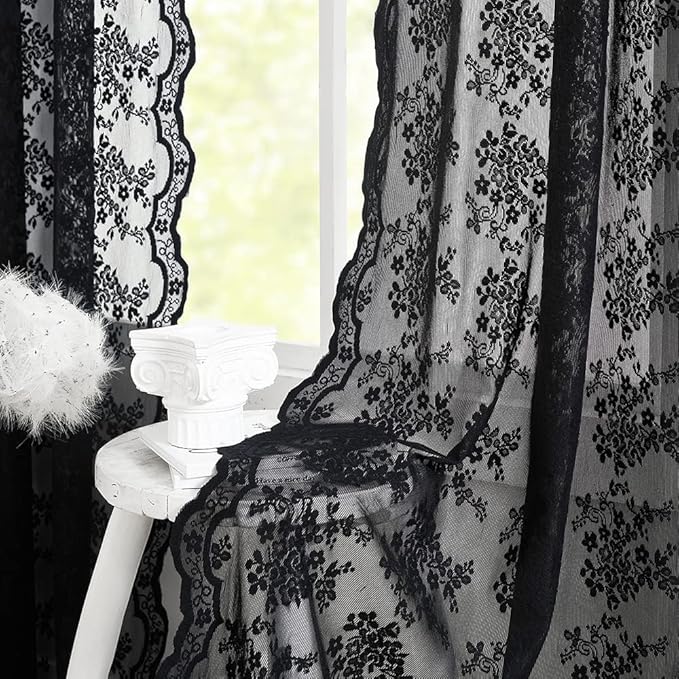 YJ YANJUN Vintage Lace Curtains 80 inch Length 2 Panles for Doorway Victorian Gothic Floral Dark Academia Black Sheer Curtain Panels for Living Room Bedroom Light Filtering 52 by 80 inch Length