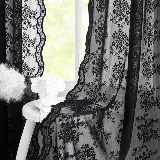YJ YANJUN Vintage Lace Curtains 80 inch Length 2 Panles for Doorway Victorian Gothic Floral Dark Academia Black Sheer Curtain Panels for Living Room Bedroom Light Filtering 52 by 80 inch Length