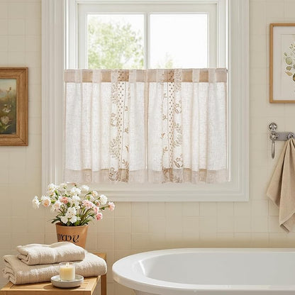 jinchan Belrose Linen Floral Kitchen Curtains 24 inch Length Embroidered Farmhouse Cafe Curtains for Living Room Bathroom Small Windows Curtain Set Sheer Light Filtering 2 Panels Beige