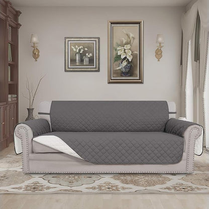 Easy-Going 4 Seater Sofa Slipcover Reversible Sofa Cover Water Resistant Couch Cover with Foam Sticks Elastic Straps Furniture Protector for Pets Children Dog Cat (XX-Large, Gray/Ivory)