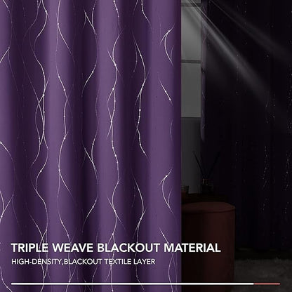 Deconovo Short Purple Curtains, Blackout Drapes with Wave Line Silver Print, 38 x 45 Inches Long, Thermal Insulated Panel, Grommet Top, Machine Washable, Set of 2 Panels for Kitchen Nursery Bedroom