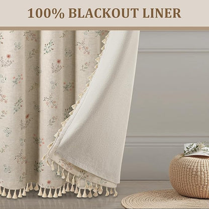 Boho Floral 100% Blackout Curtains 90 Inch Length 2 Panels Set, Linen Texture Farmhouse Curtains Beige Tassel for Living Room Bedroom Vintage Rustic Patterned Printed Western Rod Pocket