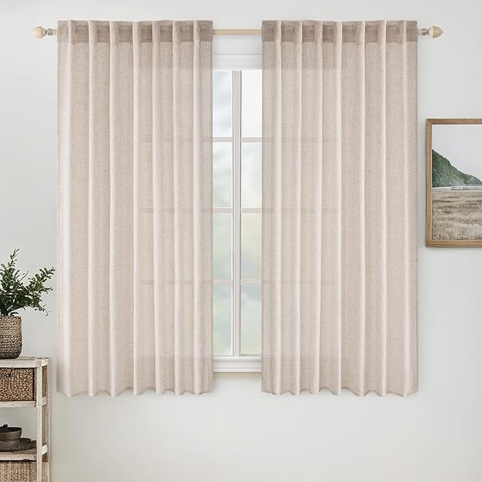 MIULEE Natural White Linen Curtains 54 Inch Length 2 Panels for Bedroom Living Room, Soft Thick Linen Textured Short Window Drapes Semi Sheer Light Filtering Back Tab Rod Pocket Burlap Look Decor