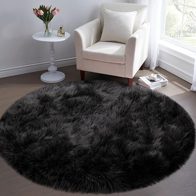 Faux Fur Rug for Bedroom, Black Fluffy Round Rug for Kids Room, Small Furry Circle Rugs 3X3, Soft Shag Circular Rug for Nursery, Fuzzy Plush Floor Carpet, Cute Indoor Decor for Gilrs Teen's Dorm