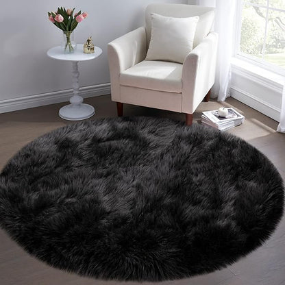 Faux Fur Rug for Bedroom, Black Fluffy Round Rug for Kids Room, Small Furry Circle Rugs 3X3, Soft Shag Circular Rug for Nursery, Fuzzy Plush Floor Carpet, Cute Indoor Decor for Gilrs Teen's Dorm