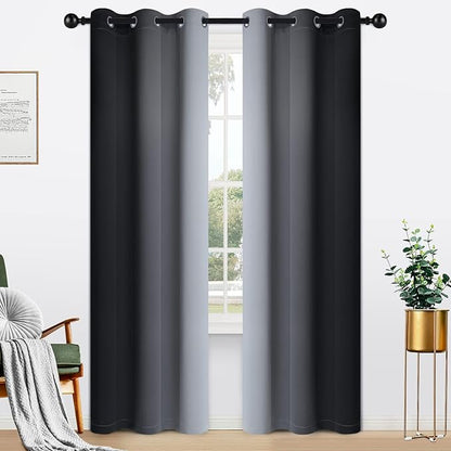 Yakamok Light Blocking Ombre Curtains, Greyish White and Black Gradient Color Curtains, Room Darkening Grommet Window Drapes for Bedroom(Black, 42x84 Inch, 2 Panels)