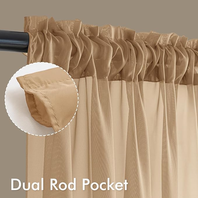 MIULEE Brown Sheer Curtains 90 Inches Long, 4 Panels Set, Rod Pocket Voile Drapes Light Filtering and Semi Transparent, Elegant Window Treatments for Bedroom Living Room,42 x 90 Inches