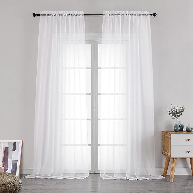 Simplebrand Sheer White Curtains 108 Inches Long, Extra Long Rod Pocket Solid Color Window Sheer Curtain Panels, Elegant Curtains & Drapes for Living Room, Bedroom 2 Panels (White, 42" W x 108" L)