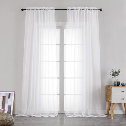 Simplebrand Sheer White Curtains 108 Inches Long, Extra Long Rod Pocket Solid Color Window Sheer Curtain Panels, Elegant Curtains & Drapes for Living Room, Bedroom 2 Panels (White, 42" W x 108" L)