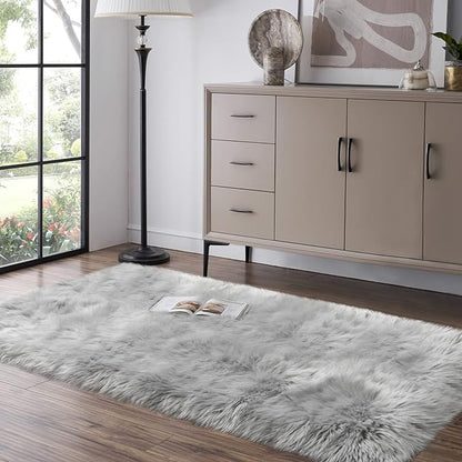 Grey Fluffy Rug for Bedroom, 2'X6' Faux Fur Rug for Runner, Gray Soft Shag Rug for Sofa Couch Cushion, Cozy Shaggy Fuzzy Plush Floor Carpet for Nursery, Cute Bedside Dorm Home Decor Rectangle