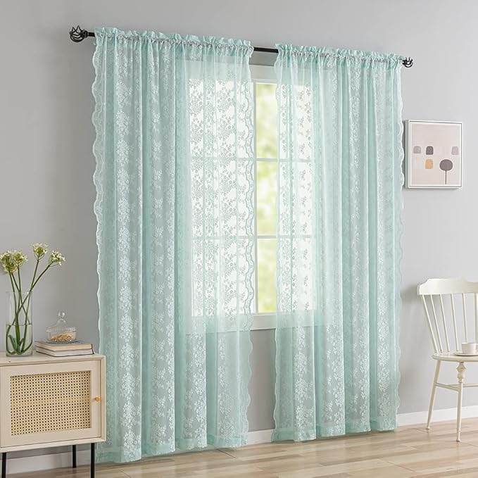 YJ YANJUN Vintage Lace Curtains 96 Inches Long-Victorian Floral Pattern Aqua Sheer Curtain Panels for Living Room Bedroom,Light Filtering, Shabby Chic Memaid Beach Drapes 2 Panels 52W x 96L