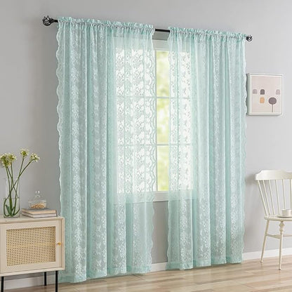 YJ YANJUN Vintage Lace Curtains 96 Inches Long-Victorian Floral Pattern Aqua Sheer Curtain Panels for Living Room Bedroom,Light Filtering, Shabby Chic Memaid Beach Drapes 2 Panels 52W x 96L