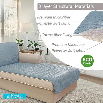 U-NICE HOME Sectional Couch Cover for Dogs Pets Chaise Lounge Reversible Sofa Cover Furniture Protector with Elastic Adjustable Strap, Light Blue/Beige