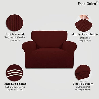 Easy-Going Stretch Oversized Chair Sofa Slipcover 1-Piece Couch Sofa Cover Furniture Protector Soft with Elastic Bottom for Kids Spandex Jacquard Fabric Small Checks Wine