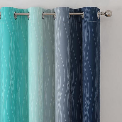 Estelar Textiler Navy Blue and Teal Gradient Blackout Curtains for Bedroom, Thermal Insulated Ombre Blackout Drapes, Full Light Blocking Energy Saving Curtains for Living Room,52Wx96L,2 Panels