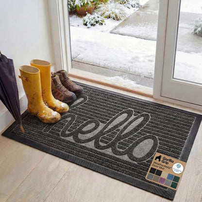 GORILLA GRIP 100% Waterproof All-Season WeatherMAX Doormat, 47x35, US Designed Natural Rubber, Stain and Fade Resistant, Low Profile Indoor Outdoor Door Mats, Easy Clean Patio Mat, Charcoal Hello