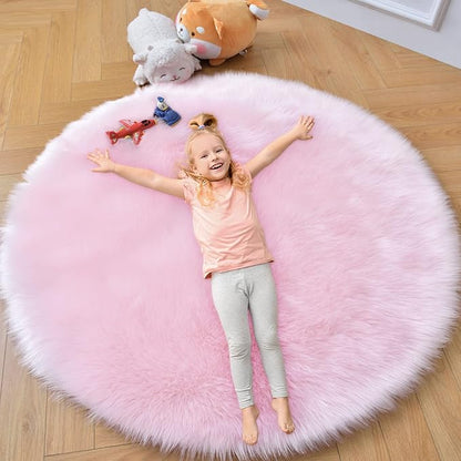 duduta Pink Faux Sheepskin Round Rug 4x4 ft, Fluffy Shag Fur Bedroom Nursery Girls Playroom Rug Dorm Decor Non Slip Washable