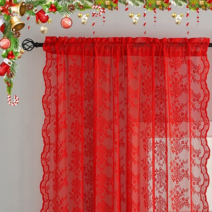 YJ YANJUN Vintage Lace Curtains 45 Inch Length Victorian Floral Pattern Red Sheer Curtain Panels for Living Room Bedroom,Light Filtering, Xmas Gift for Holiday Decor 2 Panels 52W x 45L