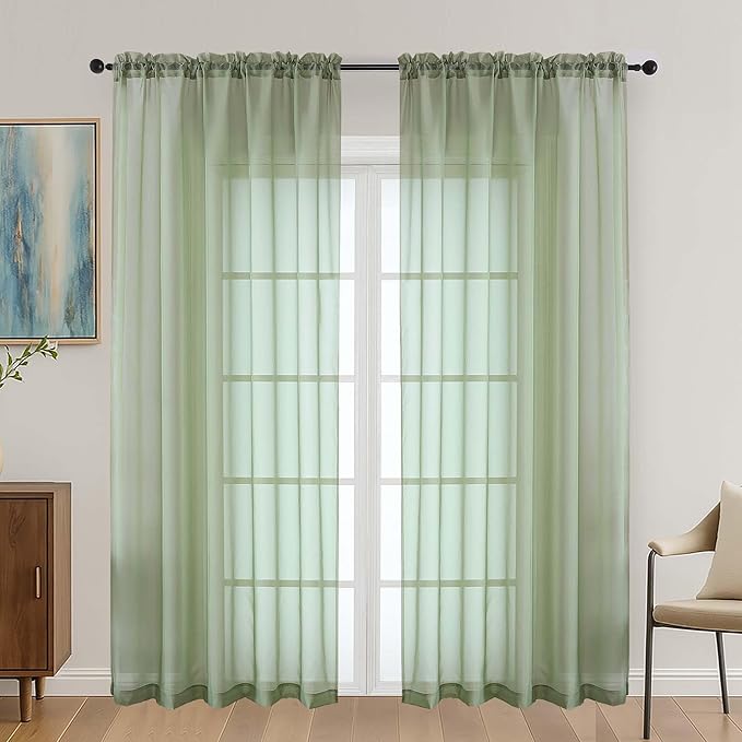 OVZME Sage Green Sheer Curtains 72 Inches Long 2 Panels Set, Light Filtering Sheer Curtains for Living Room Bedroom 59 Inch Extra Wide, Modern Voile Filmy Rod Pocket Window Drapes, 59Wx72L Inches
