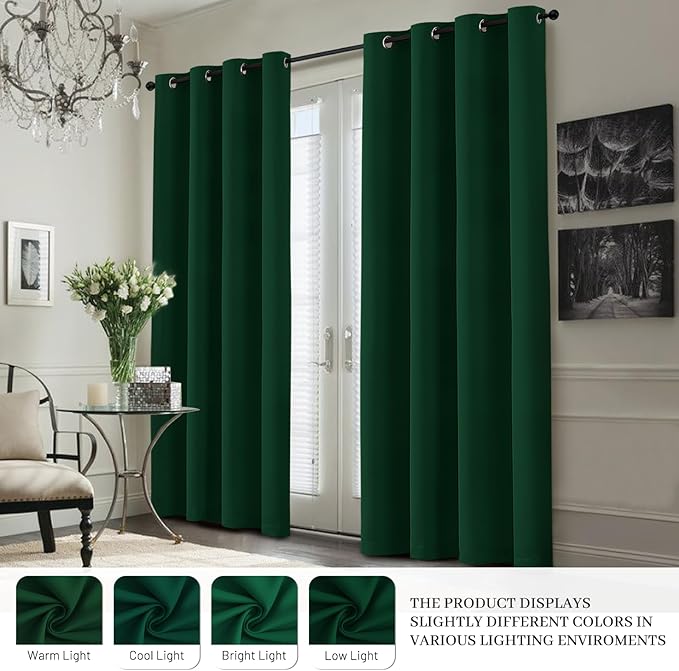 Yakamok 100% Blackout Curtain Panels 84 inches Cold and Light Blocking Drapes for Nursery, 2 Thick Layers Thermal Insulated Draperies (2 Pieces, 50 Wide Each Panel, Dark Green/White Backing)