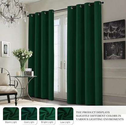 Yakamok 100% Blackout Curtain Panels 84 inches Cold and Light Blocking Drapes for Nursery, 2 Thick Layers Thermal Insulated Draperies (2 Pieces, 50 Wide Each Panel, Dark Green/White Backing)