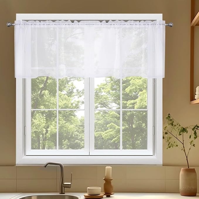 SpaceDresser Sheer White Vanlance for Windows 2 Panels, Small Kitchen Curtain for Bathroom Living Room Bedroom Cafe Rod Pocket Voile Drapes(White, 52W x 18L)