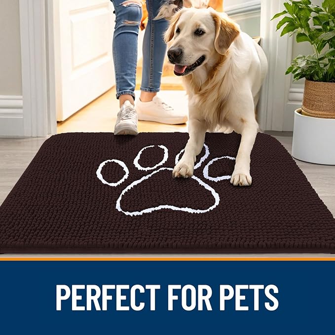 OLANLY Dog Door Mat for Muddy Paws 70x32, Paw Print Design, Absorbs Moisture and Dirt, Absorbent Non-Slip Washable Doormat, Quick Dry Chenille Mud Mat for Dogs, Entry Indoor Entryway Carpet, Brown