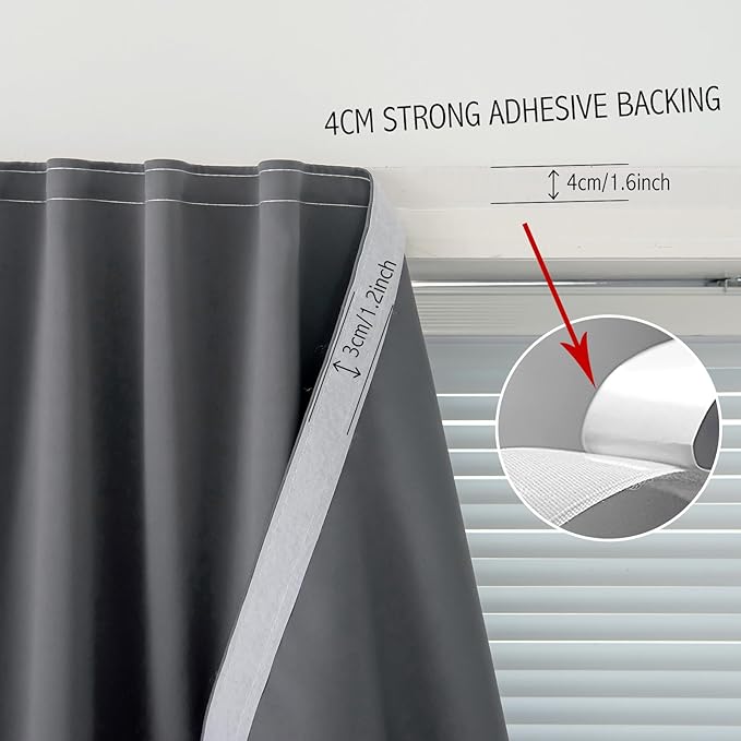 Magic Tape Stick On Curtains Window Shades Pull Down Blackout Window Cover Blackout Curtains for Bedroom No Drillng Self Adhesive Curtains No Rod Small Curtain, 59" W X 71" L, Grey, 1 Panel