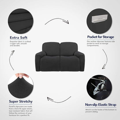 PureFit Super Stretch Loveseat Recliner Sofa Couch Cover with Pocket – 2 Seats Non Slip Soft Sofa Slipcover, Washable Reclining Furniture Protector for Kid,Pets (Recliner Loveseat, Dark Gray)