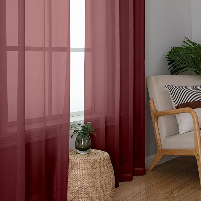 Simplebrand Burgundy Red Sheer Curtains 84 Inches Long, Light Filtering Rod Pocket Solid Color Window Sheer Curtain Panels, Elegant Curtains & Drapes for Living Room, Bedroom 2 Panels, 59" W x 84" L