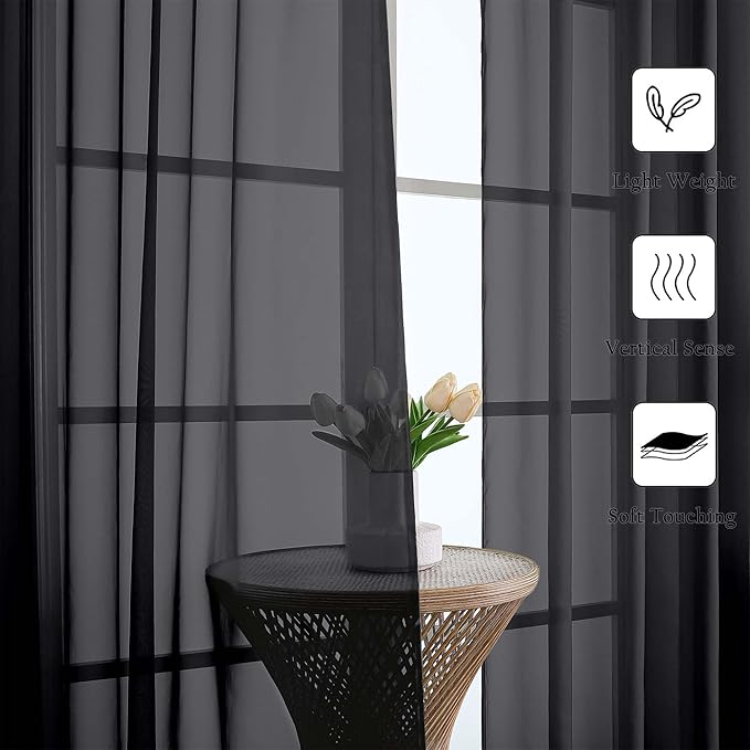 Lecloud Black Sheer Curtains 108 Inches Long 2 Panels Set, Extra Wide Airy Voile Sheer Curtains for Living Room, Light Filtering Window Curtain Drapes with Dual Rod Pocket, 59" W x 108" L
