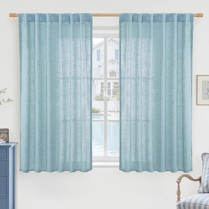 LAMIT Stone Blue Linen Curtains 54 Inch Length 2 Panels, Light Filtering Panels Back Tab and Rod Pocket Country Decor Drapes for Bathroom/Window/Bedroom, 52 x 54 Inch