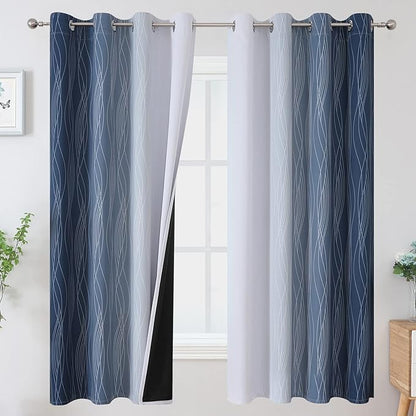 Estelar Textiler Full Room Darkening Greyish White and Navy Blue Blackout Curtains 63 Inch Length 2 Panels Set,Ombre Thermal Insulated Full Light Blocking Grommet Blackout Drapes for Boys Room,52Wx63L