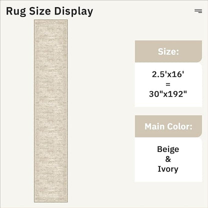 Runner Rug 2'6" x 16' Washable Non-Slip 2.5x16 ft Long Runner Rugs for Kitchen Bathroom Laundry Room Vintage Ultra Thin Runners for Hallway Entryway Beige