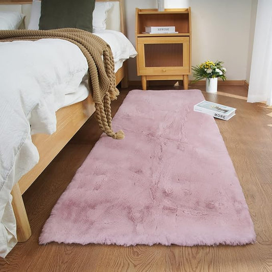 Ghouse Ultra Soft Faux Rabbit Fur Rug, Machine Washable Area Rugs for Bedroom Fluffy Rugs for Living Room, No-Shedding Carpet Sheepskin Rug Pink 2 x 6 Feet