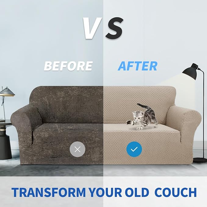 ZNSAYOTX 1 Piece Jacquard Couch Covers for 3 Cushion Couch Living Room High Stretch Sofa Cover Pets Dogs Friendly Anti Slip Thickened Slipcovers Furniture Protector (Sofa, Khaki)