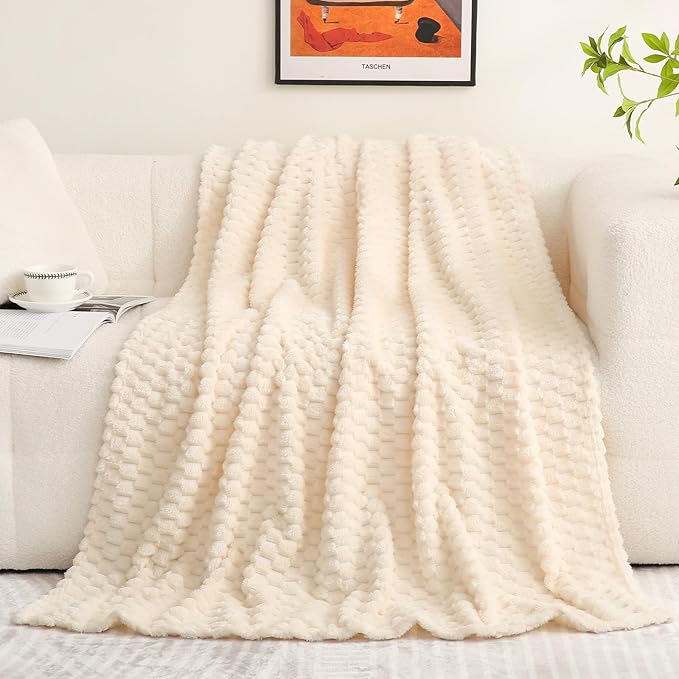 Puncuntex Cream White Throw Blanket 60"×80" inches Fuzzy 3D Jacquard Decorative Flannel Fleece Super Soft Plush Cozy Blanket for Couch Sofa Chair Lightweight