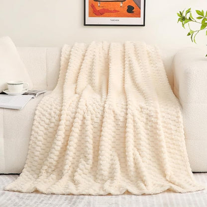 Puncuntex Cream White Throw Blanket 60"×80" inches Fuzzy 3D Jacquard Decorative Flannel Fleece Super Soft Plush Cozy Blanket for Couch Sofa Chair Lightweight