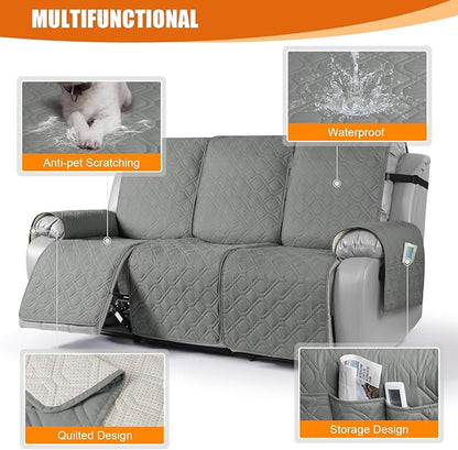 VANSOFY Waterproof Recliner Couch Covers, Sofa Covers 1-Piece Washable Reclining Sofa Cover Non-Slip Furniture Protector with Elastic Straps Pocket for Dogs, Pets(Gray,3 Seater)