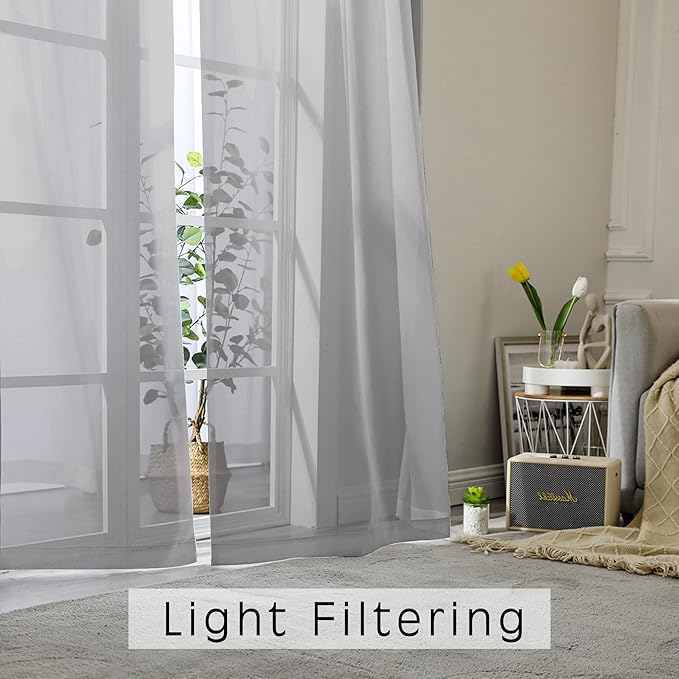 OVZME Grey Sheer Curtains - 96" Inch Length 2 Panels Set, Light Filtering Soft Rod Pocket Voile Drapes for Living Room/Bedroom, Each 42" W x 96" L