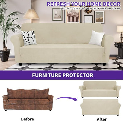 ZNSAYOTX Super Stretch Couch Cover (72"-92"), New Striped Sofa Covers Fitted Slipcovers with Elastic Bottom, Dog Cat Pets Proof Spandex Fabric Comfortable & Durable (Khaki, Sofa)