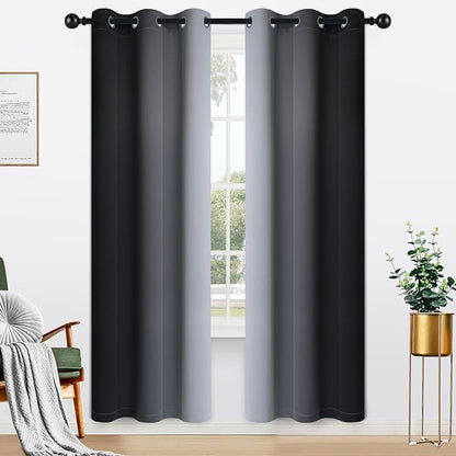Yakamok Light Blocking Ombre Curtains, Greyish White and Black Gradient Color Curtains, Room Darkening Grommet Window Drapes for Bedroom(Black, 42x72 Inch, 2 Panels)
