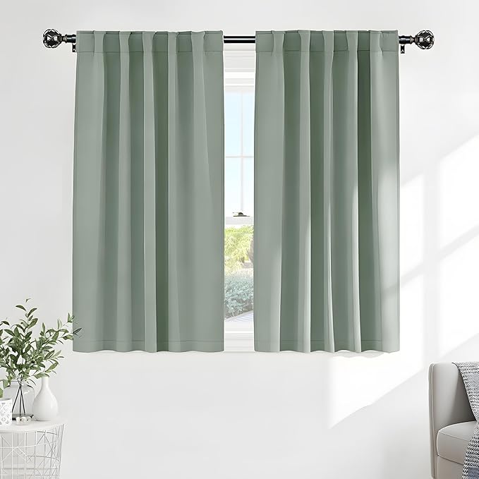 Pony Dance Short Black Out Curtain Panels for Basement, Small Drapes for Bathroom, Thermal Insulated Tiers for Basement, 34x45 inch, 2 Window Curtain Panels, Sage Green
