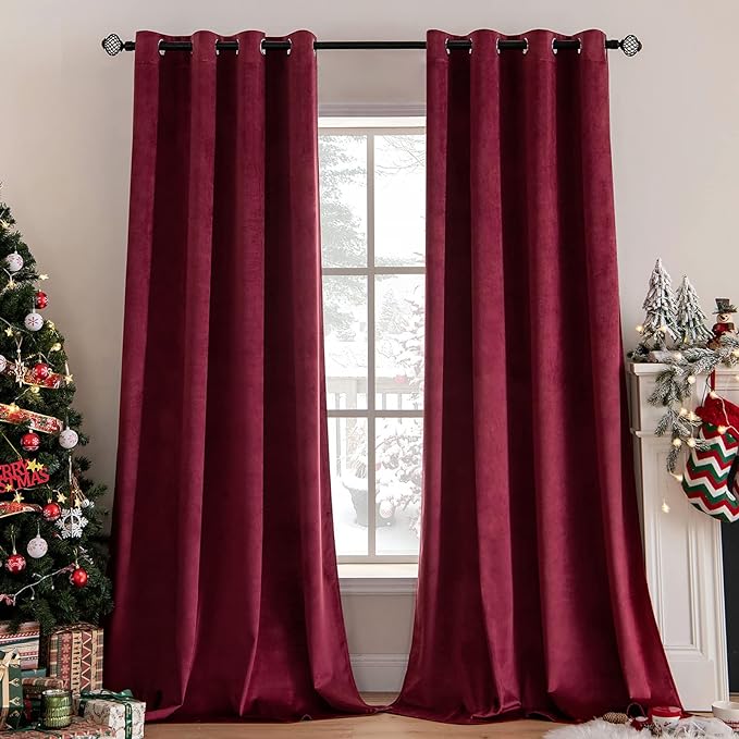 MIULEE Christmas Burgundy Velvet Curtains Solid Soft Red Blackout Curtain Grommet Top Thermal Soundproof Room Darkening Curtains/Drapes/Panels for Living Room Bedroom 52 x 72 Inch 2 Panels