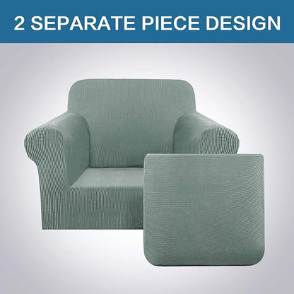 H.VERSAILTEX 2-Piece Spandex Stretch Sofa Slipcover for Chair, Anti-Slip Rich Lycra Knitted Jacquard Sofa Cover Machine Washable Furniture Protector, Solid Cyan, 1 Seater