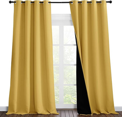 NICETOWN 100% Blackout Blinds, Set of 2, 52 inches x 102 inches, Laundry Room Decor Window Treatment Curtains for Large Patio Sliding Door, Thermal Insulated Bright Yellow Curtains for Bedroom