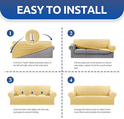 KEKUOU Stretch Oversized Sofa Slipcover 1 Piece Couch Sofa Cover (94"-110") Furniture Protector 4 Seater Sofa with Elastic Bottom for Kids,Pet.Jacquard Checked Pattern Fabric(X Large,Champagne)