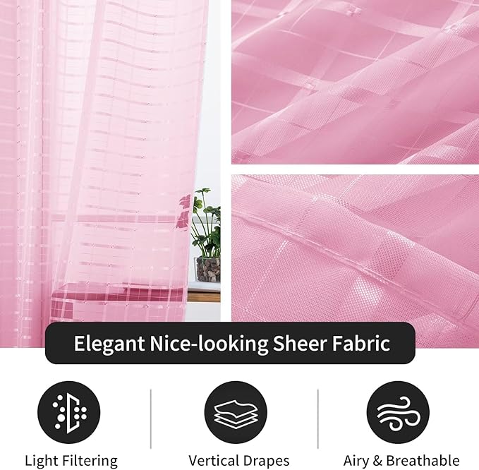 SpaceDresser Check Sheer Curtains 72 Inches 2 Panels Set, Rod Pocket Plaid Window Curtain for Living Room, Pink Semi Sheer Drapes for Kitchen Bedroom Children Room Yard（Pink, 52W x 72L）