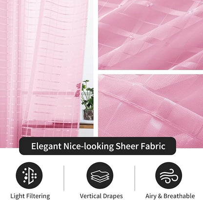 SpaceDresser Check Sheer Curtains 90 Inches 2 Panels Set, Rod Pocket Plaid Window Curtain for Living Room, Pink Semi Sheer Drapes for Kitchen Bedroom Children Room Yard（Pink, 52W x 90L）