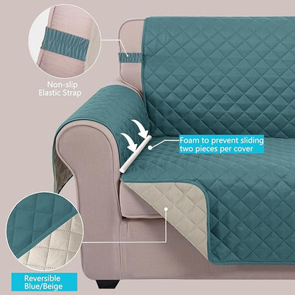 U-NICE HOME 4 Seater Sofa Cover 91 Inch Large Couch Covers for 4 Cushion Couch with Elastic Straps Water Resistant Furniture Protector Cover for Pets Cat (Sofa XX-Large, Blue/Beige)